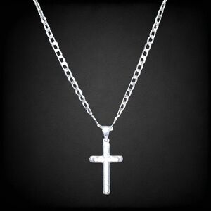 18K White Gold Filled CZ Cross Pendant With 20in Cuban Chain